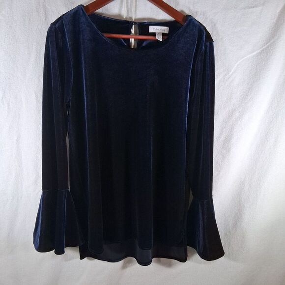 Calvin Klein Tops - Calvin Klein Blue Velvet Bell Sleeve Top Blouse Keyhole Back Women's Medium M